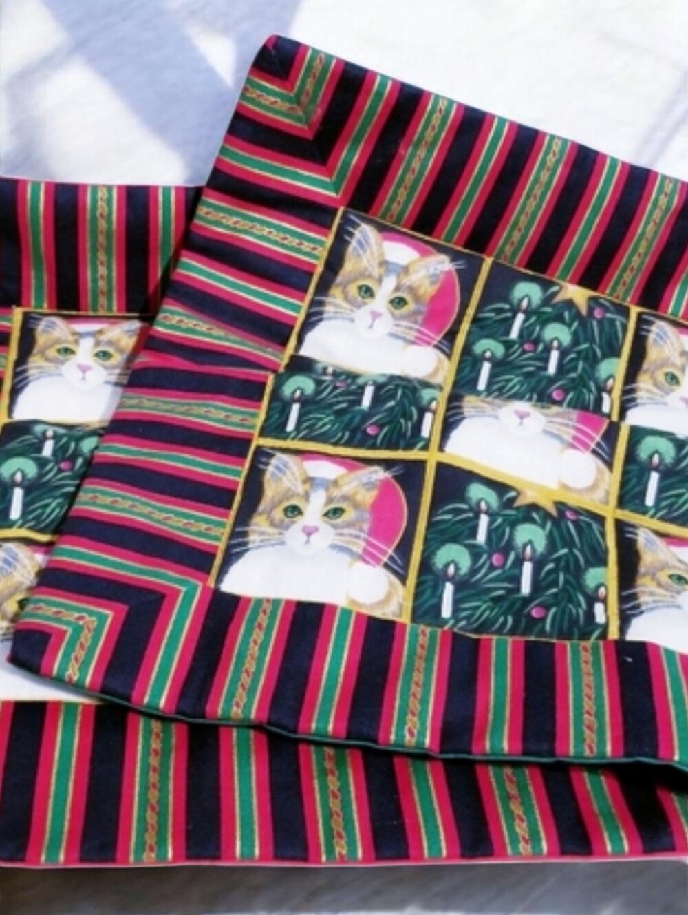 Vintage 1992 Stephen Lawrence Christmas Cats Pillow Cover Set Holiday Patchwork